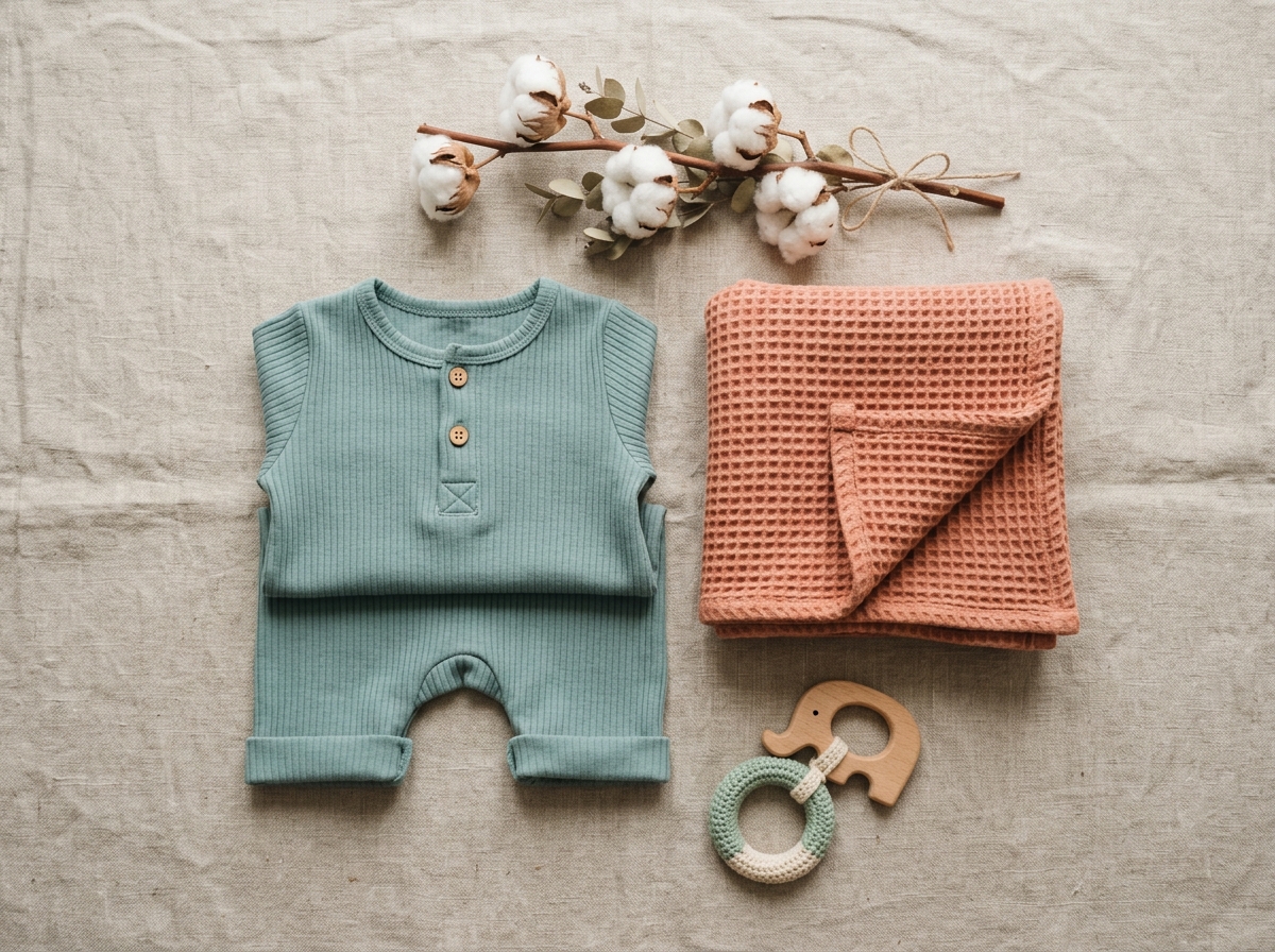Minimalist organic cotton baby romper with waffle blanket flatlay