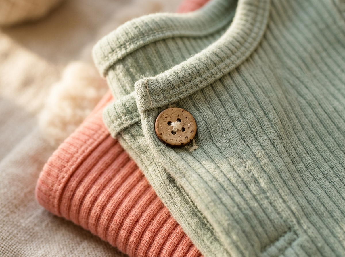 Macro detail of soft ribbed organic cotton fabric with wooden button